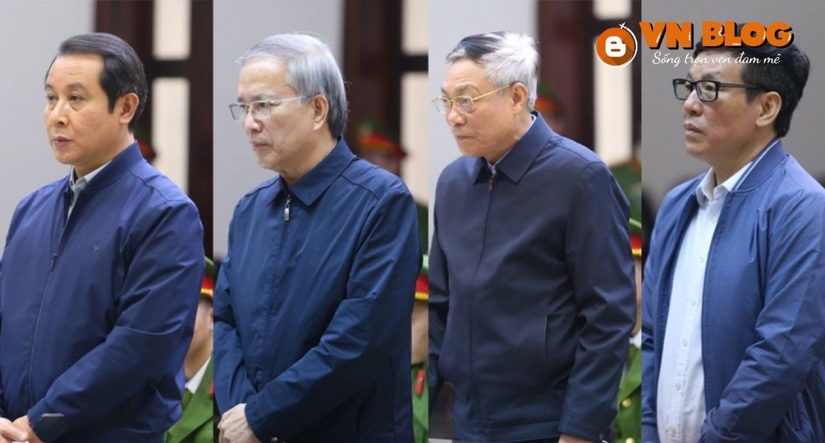 Các ông Phạm Hoàng Anh, Phạm Văn Vọng, Hà Hòa Bình, Lê Duy Thành (từ trái qua) tại phiên tòa sáng ngày 22/12